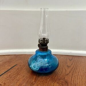 VTG TWINKLE Blue Glass‎ Miniature Oil Lamp Stars Embossed Early Star Burner 7"